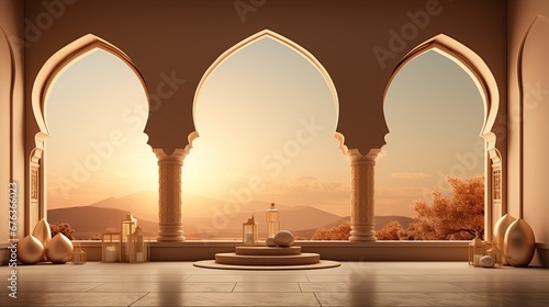 background for the Islamic holiday of Ramadan in a minimalist style, with a podium, with sunlight, in light beige delicate shades and elements of nature. ai generated
