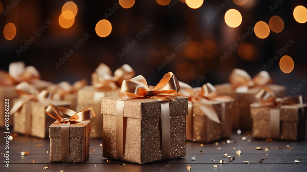 Beautiful, detailed, close-up photo of wrapped-up presents, golden and silver colors, with blurred lights in the back, and with copy-space.