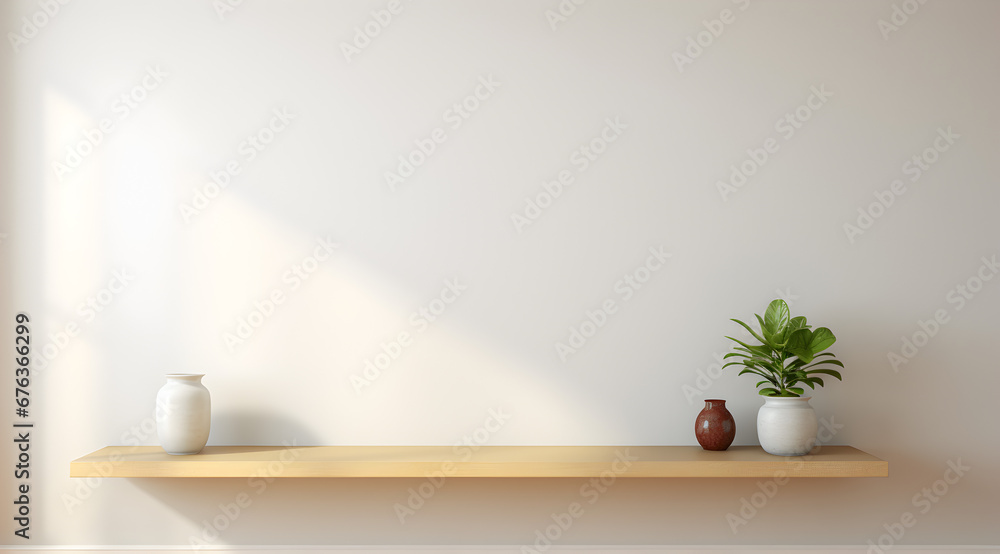 A serene room with a wooden shelf adorned by a vibrant houseplant. A serene room with a wooden shelf adorned by a vibrant houseplant.