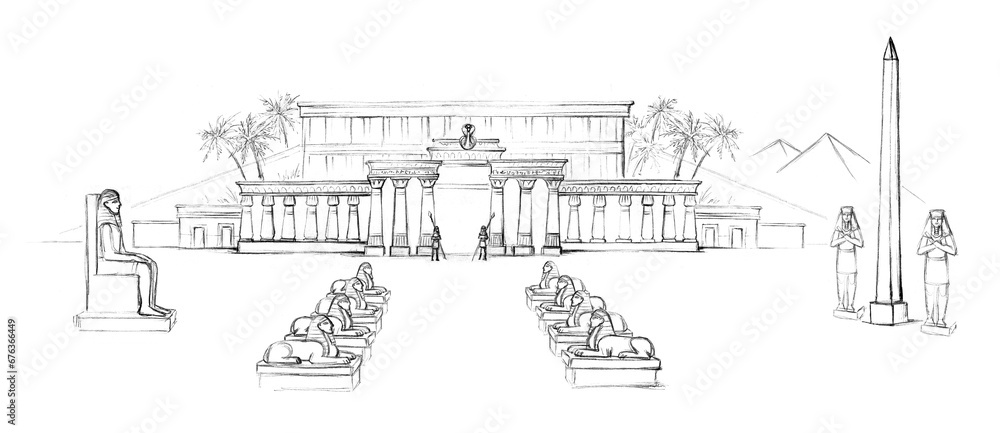 Pencil drawing. Ancient  Egypt palace