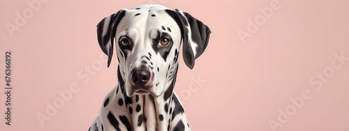 Studio portraits of a funny Dalmatian dog on a plain and colored background. Creative animal concept, dog on a uniform background for design and advertising.