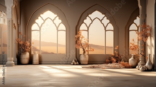 background for the Islamic holiday of Ramadan in a minimalist style, with a podium, with sunlight, in light beige delicate shades and elements of nature. ai generated photo