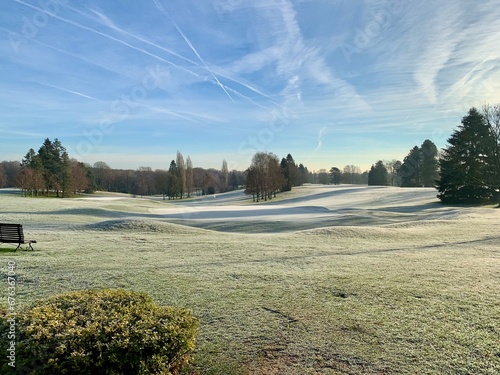 Fototapeta Naklejka Na Ścianę i Meble -  Sub zero frozen golf course in Belgium sunrise