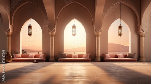 background for the Islamic holiday of Ramadan in a minimalist style, with a podium, with sunlight, in light beige delicate shades and elements of nature. ai generated