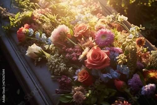 Colorful flowers on the grave in the cemetery  funeral concept.