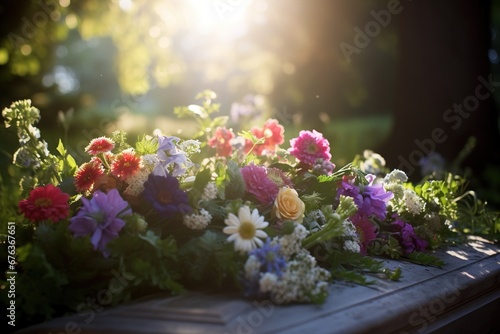 Colorful flowers on the grave in the cemetery, funeral concept. © Rudsaphon