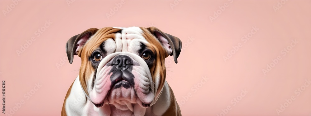 Studio portraits of a funny English bulldog dog on a plain and colored background. Creative animal concept, dog on a uniform background for design and advertising.