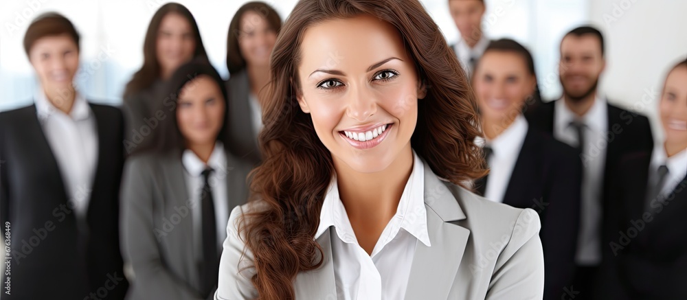 Obraz premium A successful businesswoman with a white background in a corporate office surrounded by a happy team of diverse people represents the concept of family finance and investment in a modern mod
