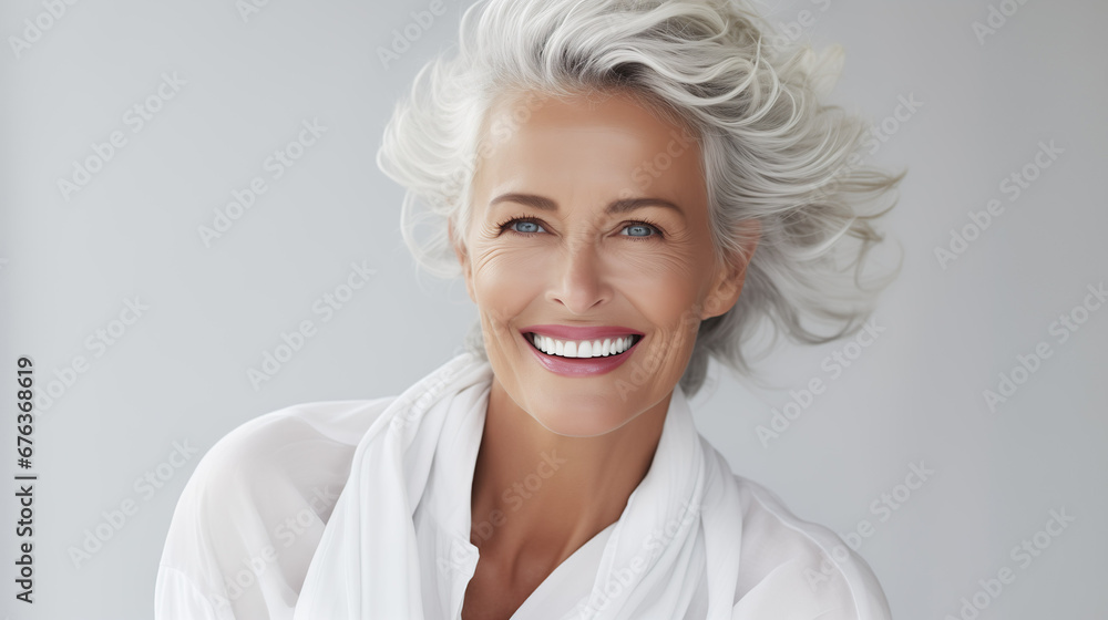 Confident elderly senior model with grey hair, smiling happy female lady in close-up portrait | Generative AI