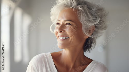 Confident elderly senior model with grey hair, smiling happy female lady in close-up portrait | Generative AI