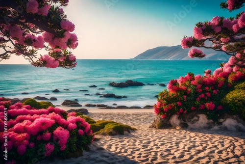 beach with colorful flowers