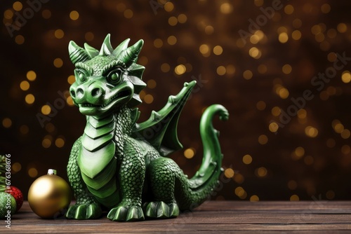 Portrait of green magical fantasy dragon on background of christmas bokeh with copy space