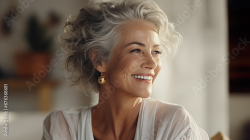 Confident elderly senior model with grey hair, smiling happy female lady in close-up portrait | Generative AI