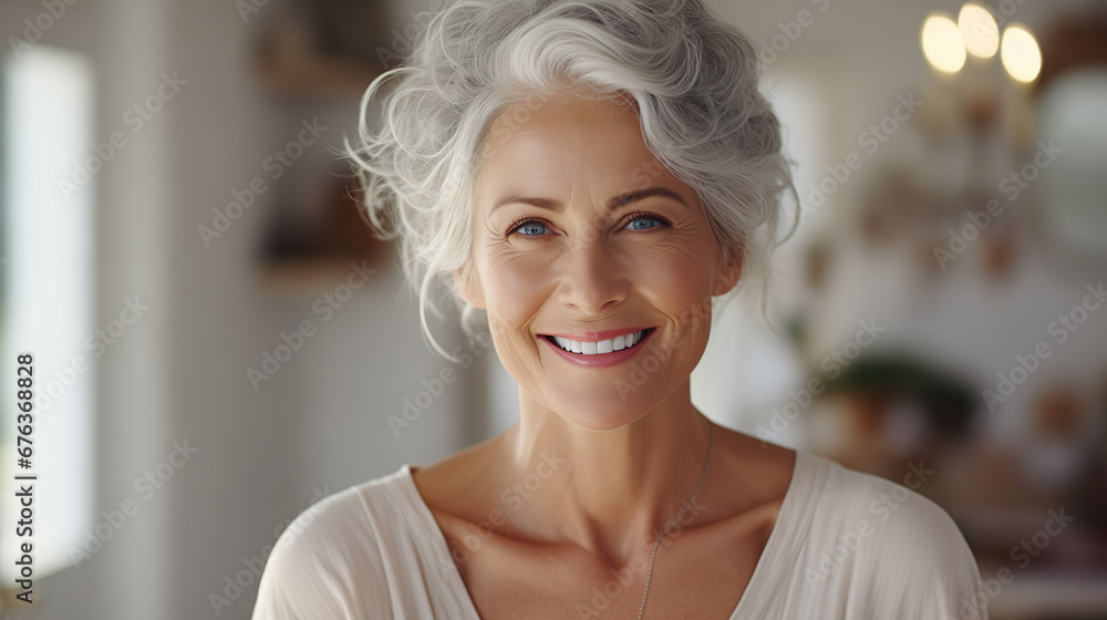 Confident elderly senior model with grey hair, smiling happy female lady in close-up portrait | Generative AI