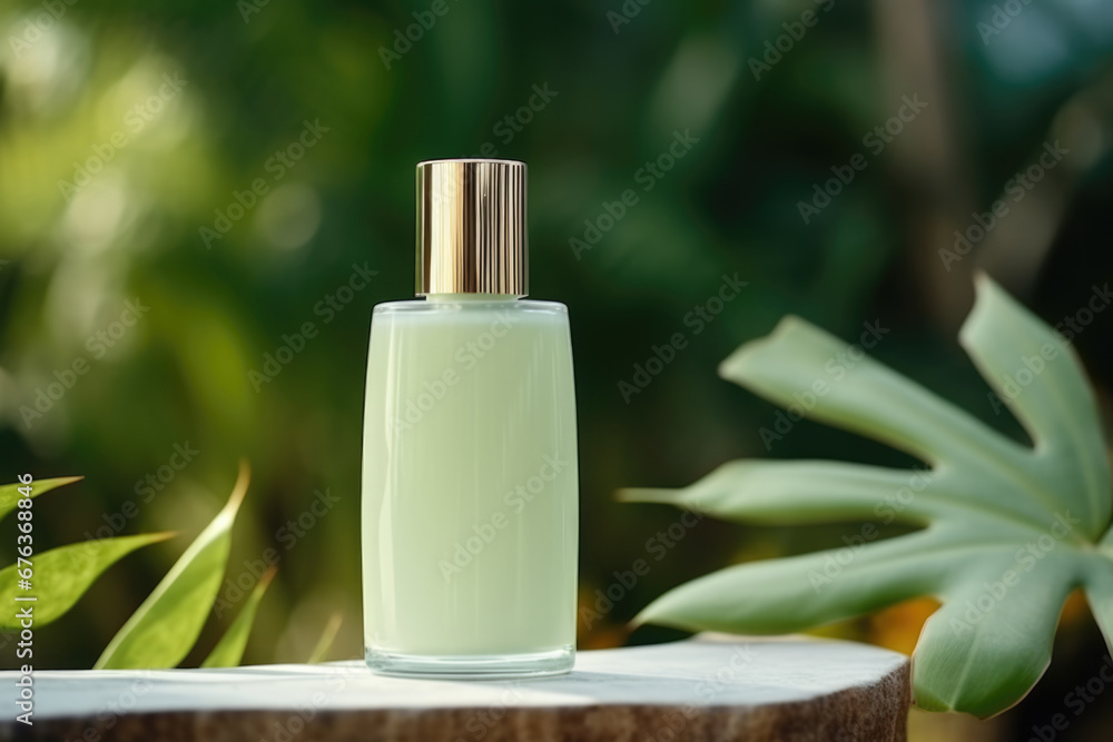 Green glass cosmetic bottle stands on a stump against a backdrop of tropical vegetation.