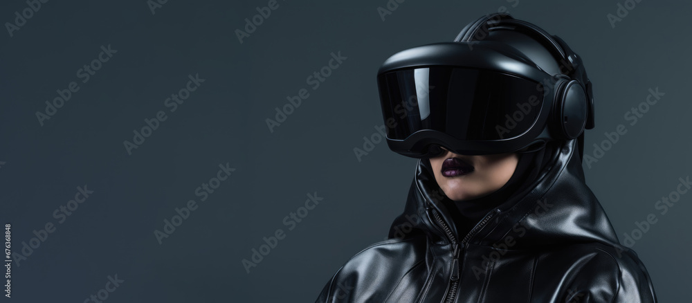 Advertising banner with girl in black leather jacket with in black virtual reality helmet with copy space.