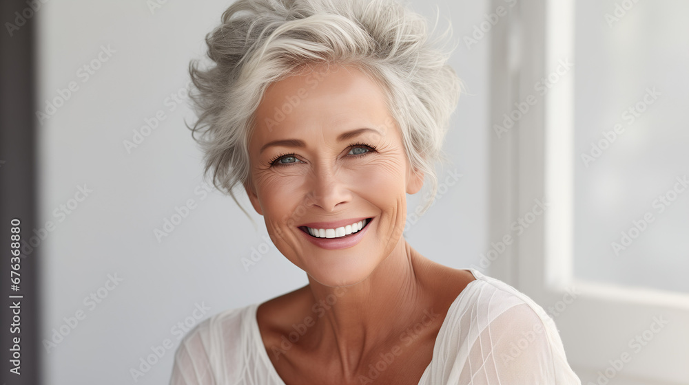 Confident elderly senior model with grey hair, smiling happy female lady in close-up portrait | Generative AI Confident elderly senior model with grey hair, smiling happy female lady in close-up portrait | Generative AI