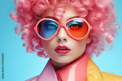 Creative portrait of a girl wearing pink glasses with pink curly hair on blue background.