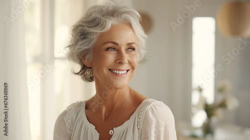 Confident elderly senior model with grey hair, smiling happy female lady in close-up portrait   Generative AI © DigitalDreamscape