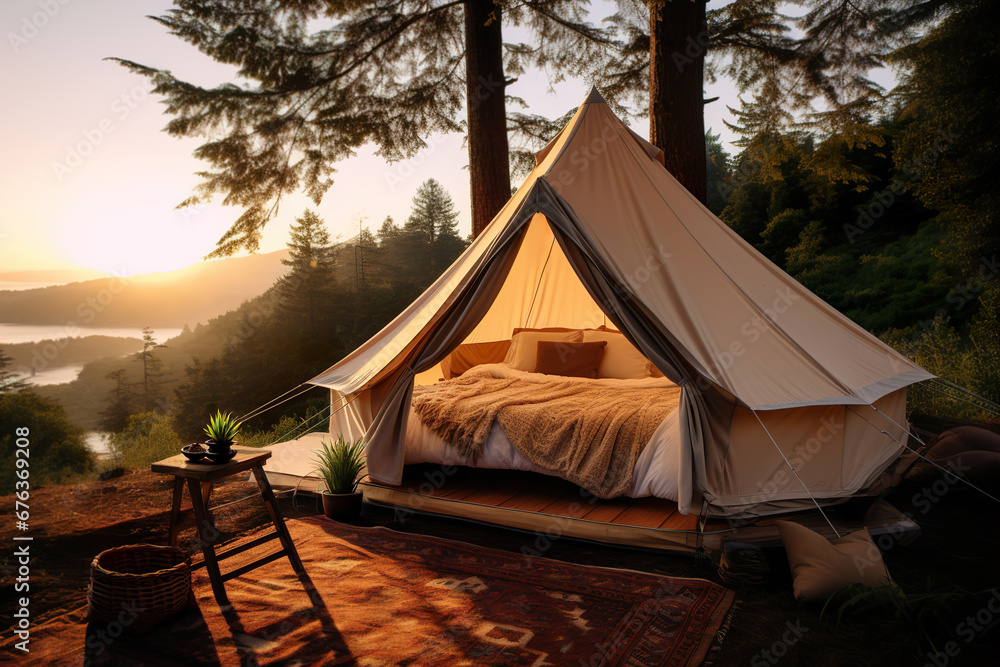 Sunset glamping in a forest, with a luxury tent perched above a stunning valley view, inviting relaxation. Camping with luxury, plush bedding, and nature's beauty.