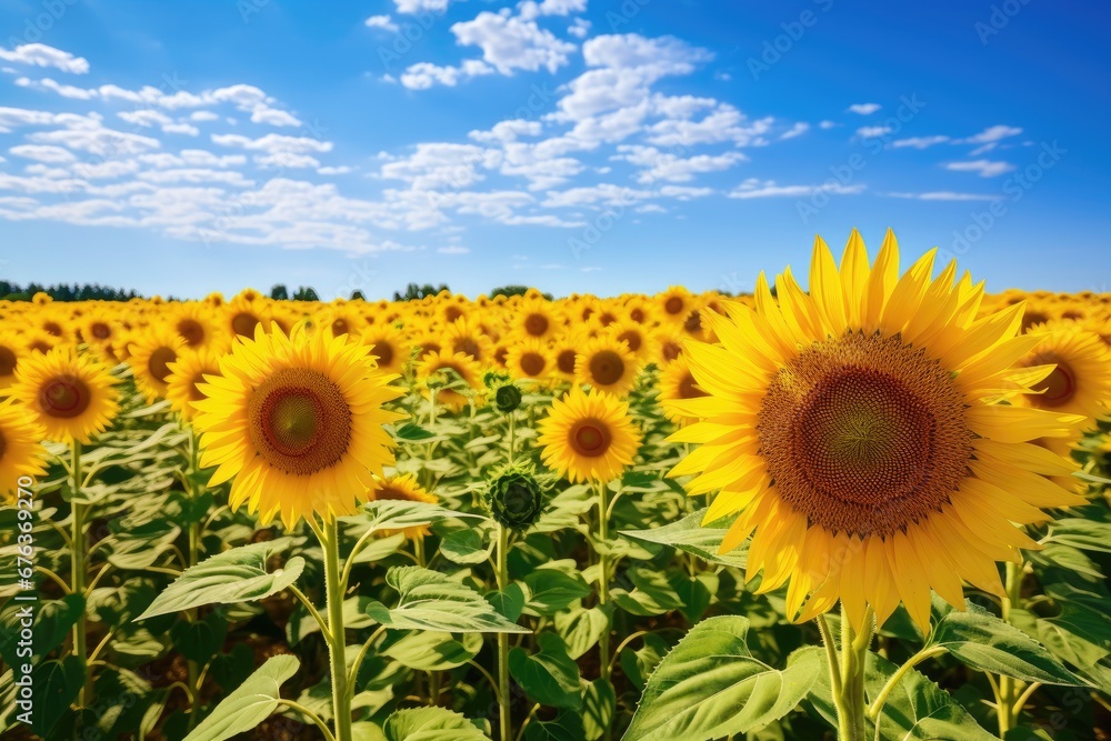 Fototapeta premium field of sunflowers on a summer day Sunflower Harvest in Full Bloom