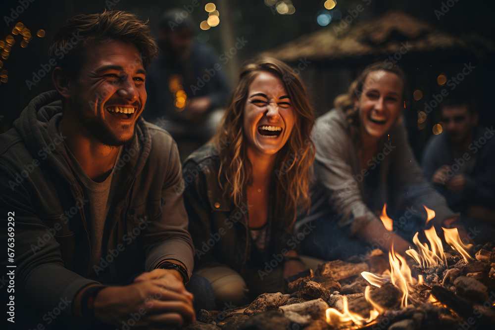 Joyous group of millennials laughing and bonding around a campfire, fun during a wilderness camping adventure Joyous group of millennials laughing and bonding around a campfire, fun during a wilderness camping adventure