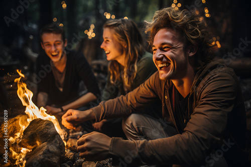 Joyous group of millennials laughing and bonding around a campfire, fun during a wilderness camping adventure