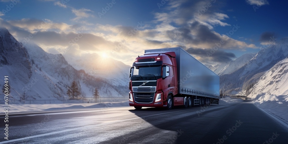 Obraz premium front view of single truck on road to mountain, sunny day, snow