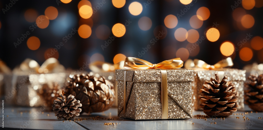 Christmas concept composition. Golden Gift Boxes with cones on a Sparkling Background Christmas concept composition. Golden Gift Boxes with cones on a Sparkling Background