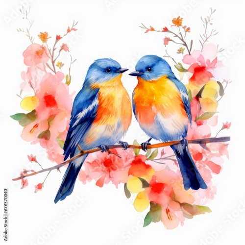 Watercolor Couple of bird on a branch with Blossom flower isolated on White Background, Cute birds on a branch with blooming sakura.  © Nongkran