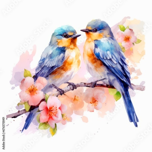 Watercolor Couple of bird on a branch with Blossom flower isolated on White Background  Cute birds on a branch with blooming sakura. 