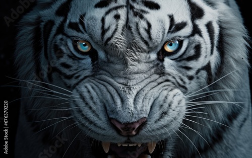 Eyes and face of a white tiger on a black background.jungle predator, tropical forest, close-up photo