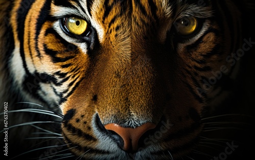 Headshot tiger on black background, Wildlife tiger striped photography.