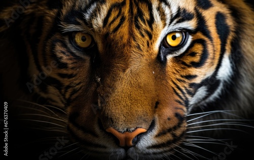 Wildlife tiger striped photography, Headshot tiger on black background.