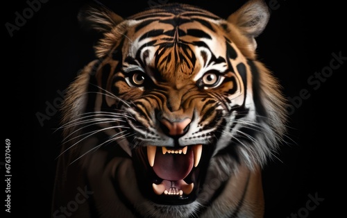 Close up portrait of and angry tiger on black background, Open eye black orange fur. Dangerous cat animal tropical jungle forest hunter © somkcr