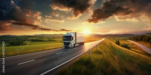 front view of single truck on road to mountain, sunny day © Lucas