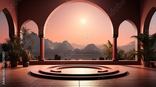 background for the Islamic holiday of Ramadan in a minimalist style, with a podium, with sunlight, in light pink delicate shades and elements of nature. ai generated