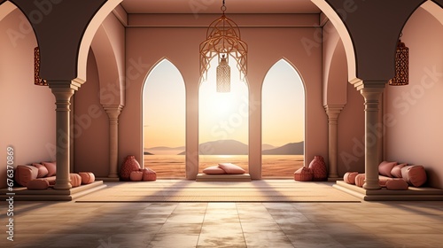 background for the Islamic holiday of Ramadan in a minimalist style  with a podium  with sunlight  in light beige delicate shades and elements of nature. ai generated