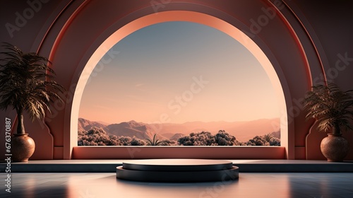 background for the Islamic holiday of Ramadan in a minimalist style, with a podium, with sunlight, in light beige delicate shades and elements of nature. ai generated