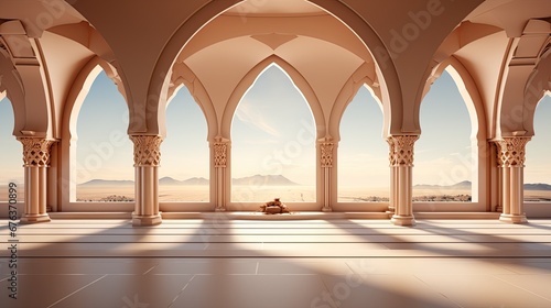 background for the Islamic holiday of Ramadan in a minimalist style, with a podium, with sunlight, in light beige delicate shades and elements of nature. ai generated