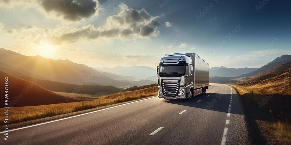 front view of single truck on road to mountain, sunny day