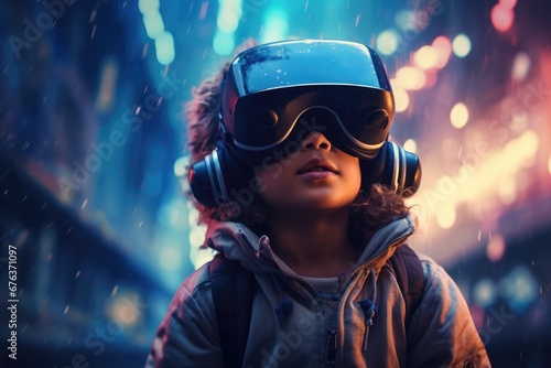 Child boy wearing virtual reality headset inside the metaverse. Abstract digital world. Virtual reality or augmented reality world simulation. VR and AR technology futuristic concept