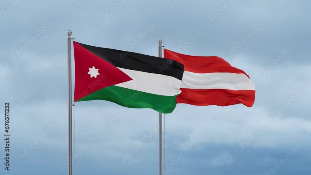 Austria flag and Jordan flag waving together on cloudy sky, endless seamless loop, two country relations concept Austria flag and Jordan flag waving together on cloudy sky, endless seamless loop, two country relations concept