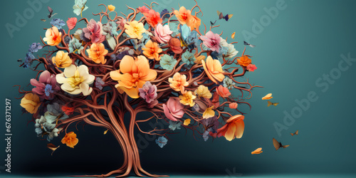 Cultivating Mental Health: Human Brain Tree with Flowers