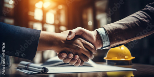 Architect and engineer construction workers shaking hands while working for teamwork and cooperation concept after finish an agreement in the office construction site, success collaboration concept