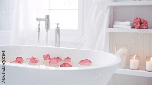Elegant white bathroom interior with roses and candles. A relaxing bathroom