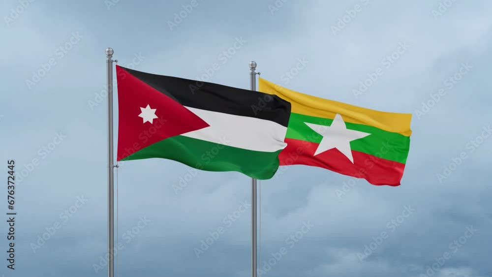 Myanmar aka Burma flag and Jordan flag waving together on cloudy sky, endless seamless loop, two country relations concept Myanmar aka Burma flag and Jordan flag waving together on cloudy sky, endless seamless loop, two country relations concept