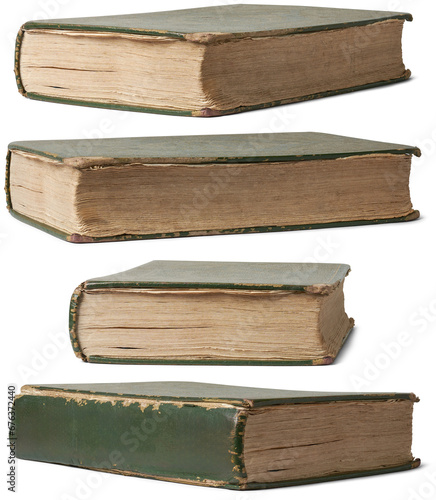 set of old used books isolated with torn and worn green cover on white background, taken in different angles, back to school or learning concept 