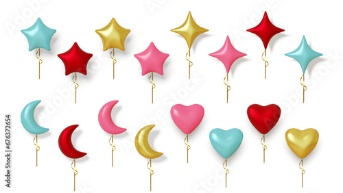 Set of colorful realistic balloons in the shape of star, heart and month. Isolated on white background in 3D Style. Vector illustration