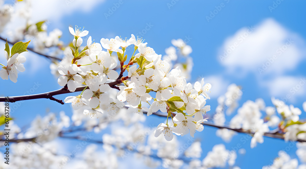 Delicate white blossoms adorn a tree branch, signaling the arrival of spring.